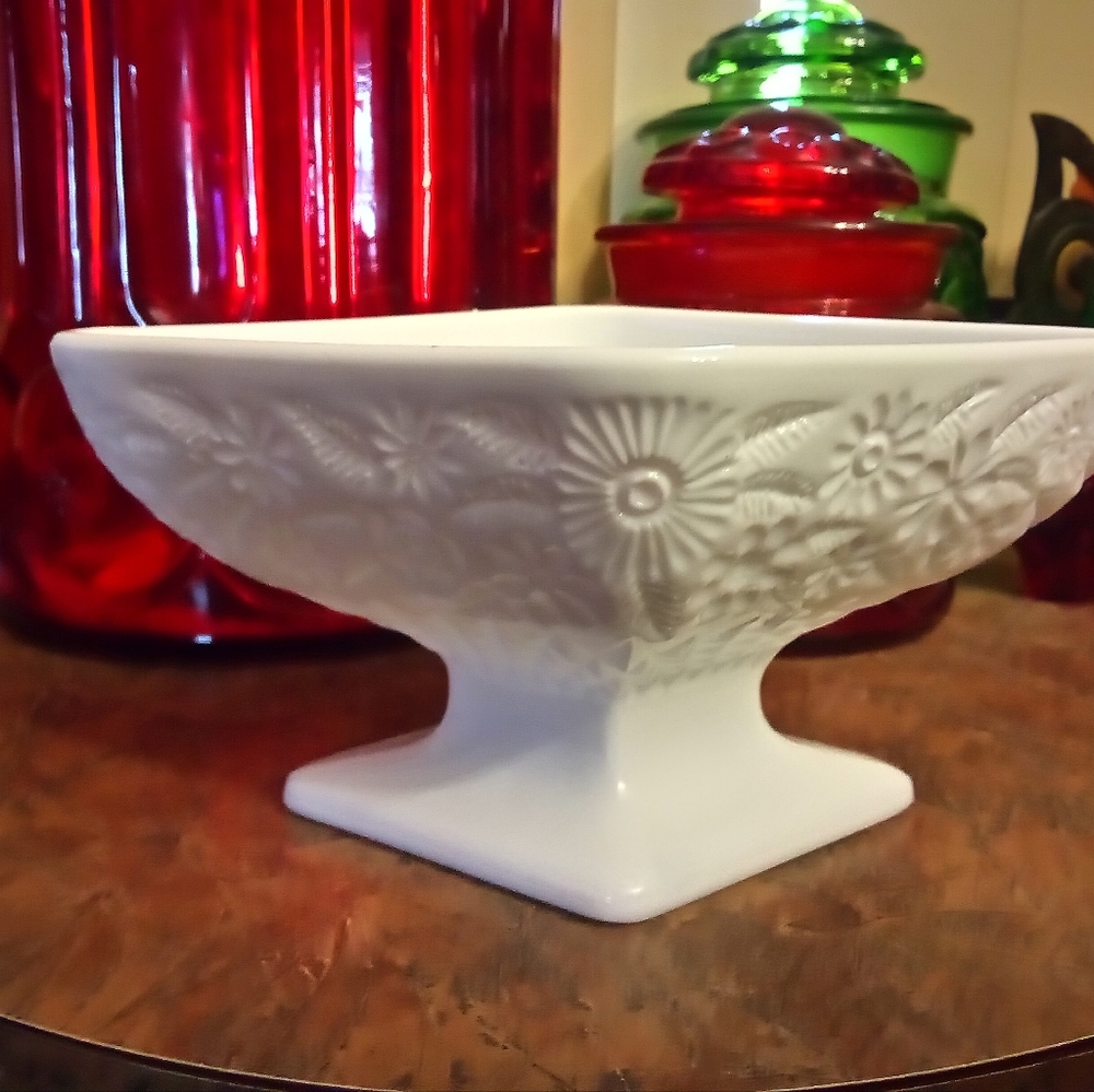 Elegant White Milk Glass Floral Pedestal Dish.